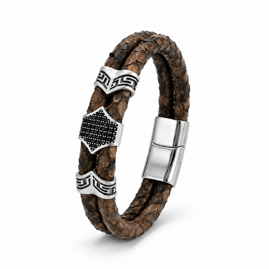 Serpente – Hakiki Yılan Derisi Erkek Bileklik (Kahverengi Deri, Silver)