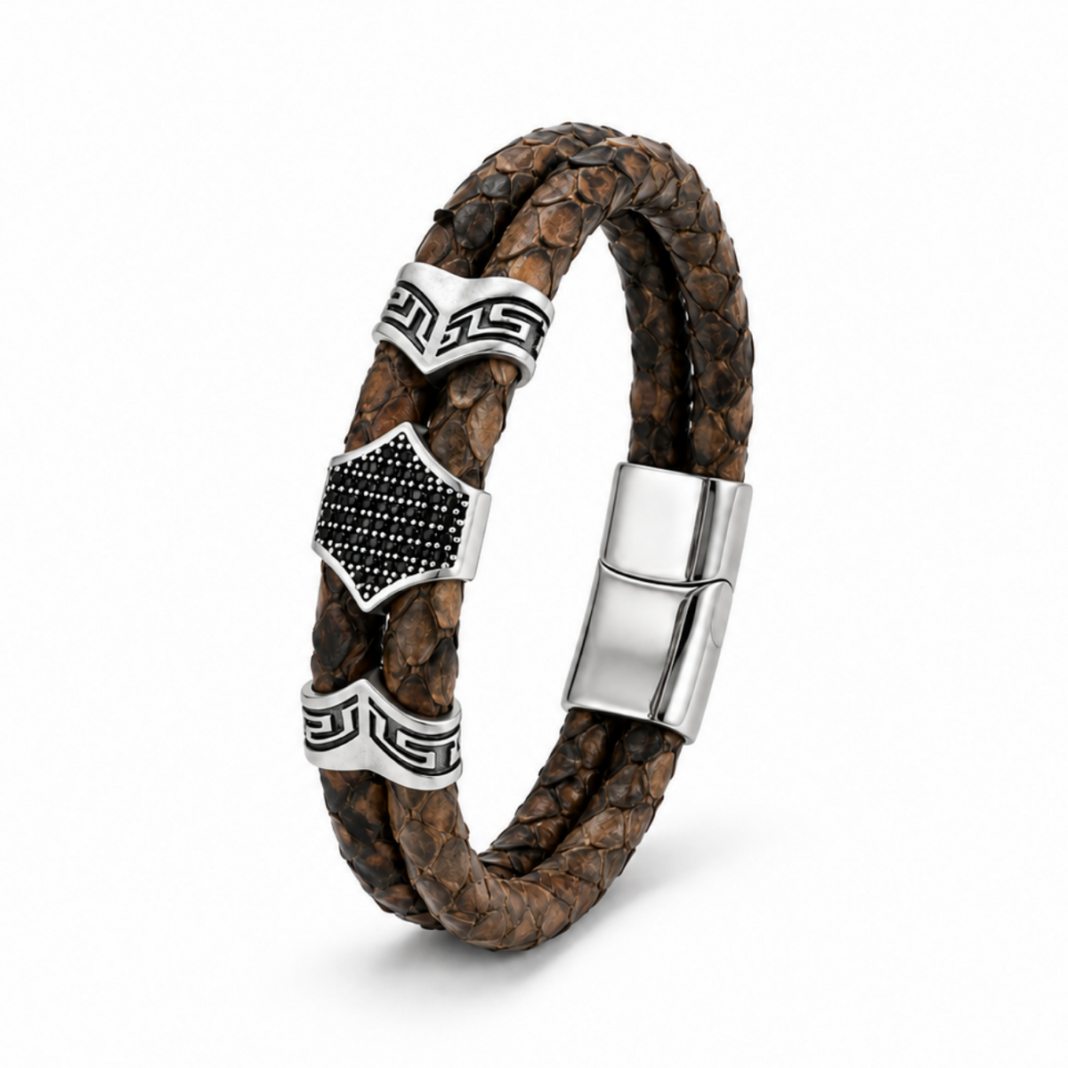 Serpente – Hakiki Yılan Derisi Erkek Bileklik (Kahverengi Deri, Silver)