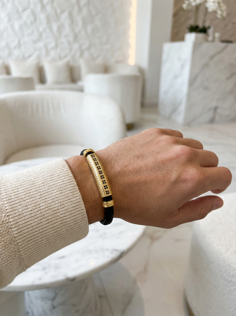 Floransa Striscia – Bar Detaylı Hakiki Deri Erkek Bileklik (Siyah Deri, Gold) – görsel 3