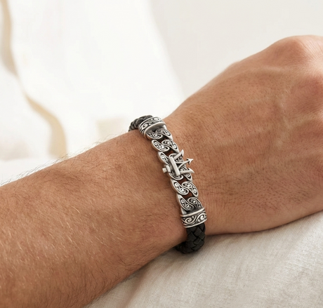 Ancona Rotta – Poseidon Figürlü Hakiki Deri Erkek Bileklik (Siyah Deri, Silver) – görsel 3