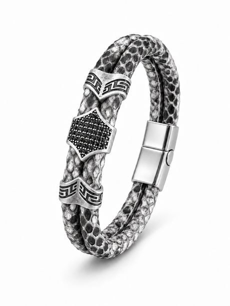 Serpente – Hakiki Yılan Derisi Erkek Bileklik (Gri Deri, Silver)