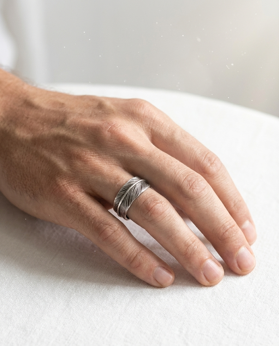 Foglia - Yaprak Figürlü Ayarlanabilir Çelik Erkek Yüzük